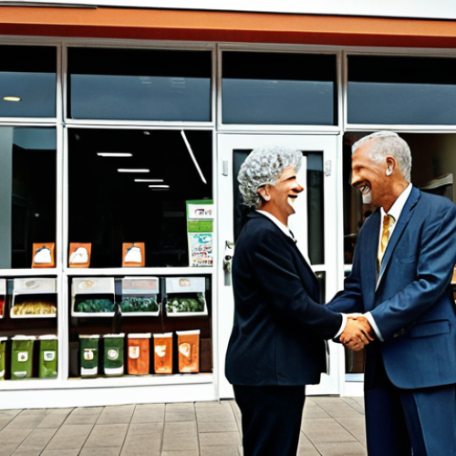 Home 4 **Successful Business Exit:** A triumphant entrepreneur shaking hands with a buyer in front of a sold business, symbolizing financial freedom and a well-planned retirement. The scene should be optimistic and convey a sense of accomplishment.