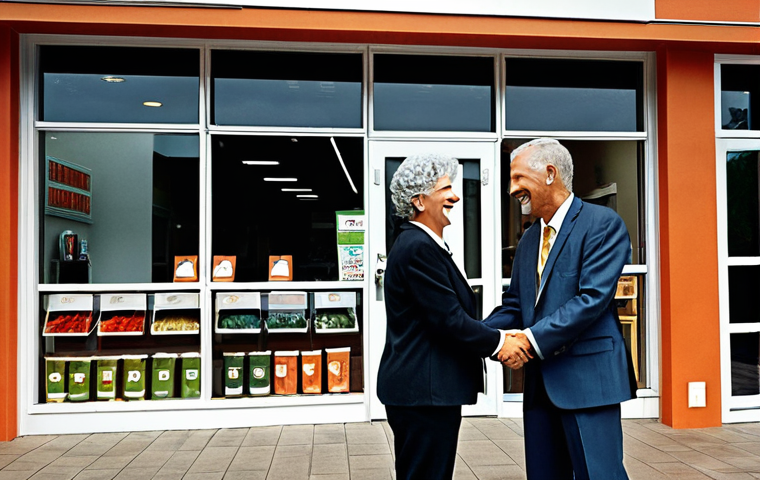 **Successful Business Exit:** A triumphant entrepreneur shaking hands with a buyer in front of a sold business, symbolizing financial freedom and a well-planned retirement. The scene should be optimistic and convey a sense of accomplishment.